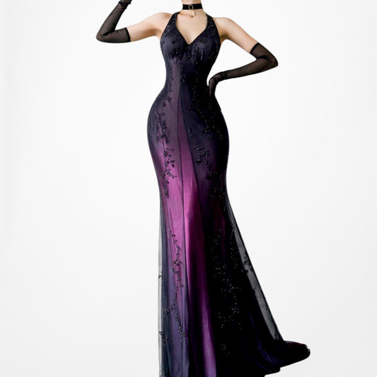 Vintage Purple Gradient Floral Beaded Satin Mesh Babydoll Prom Dress Size M