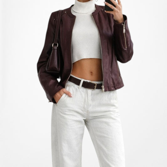 Vintage Y2K Burgundy Red Genuine Leather Motorcycle Biker Style Jacket Size S