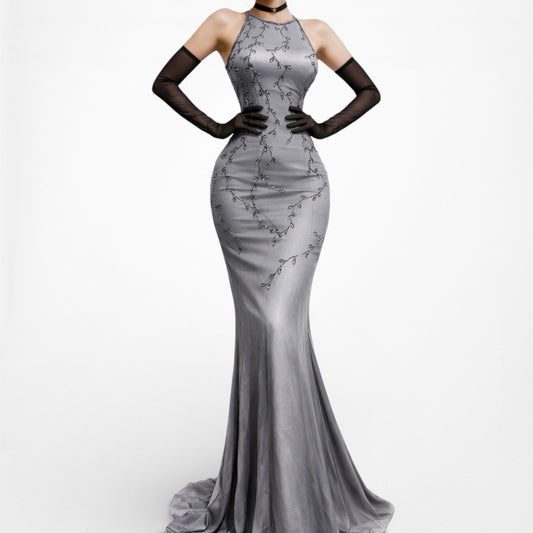 Vintage Gray Floral Beaded Silk Mesh Fishtail Bodycon Maxi Formal Prom Dress Size M