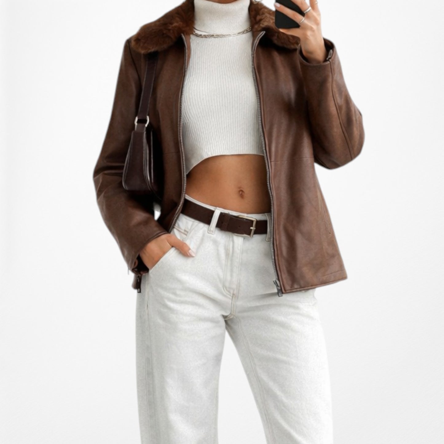 Vintage Y2K Brown Rabbit Fur Genuine Leather Moto Jacket Coat Size L