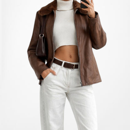 Vintage Y2K Brown Rabbit Fur Genuine Leather Moto Jacket Coat Size L