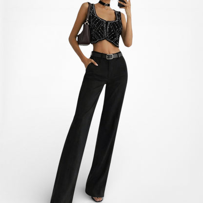 Zara Black Velvet Sleeveless Rhinestone Cropped Top Vest Size XS/S