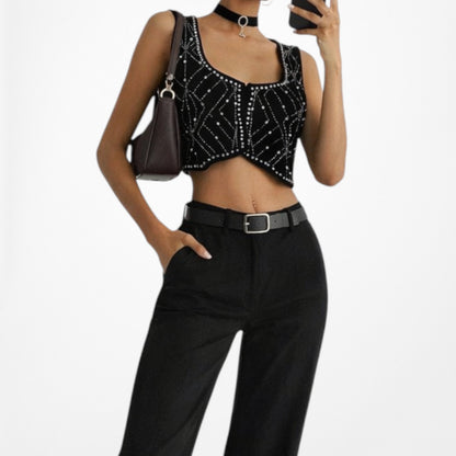 Zara Black Velvet Sleeveless Rhinestone Cropped Top Vest Size XS/S