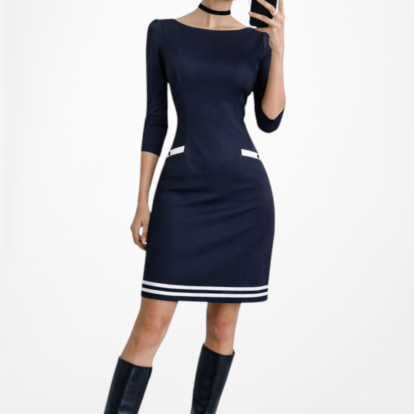 Vintage Y2K Navy Blue 3/4 Sleeve Knit Mini Bodycon Cocktail Dress Size 2P/M