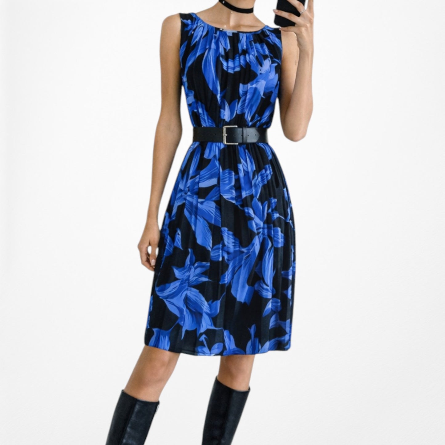 Vintage Y2K Blue Black Pleated Flared Knee Length Sundress Cocktail Dress S/M/L