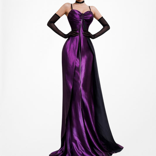 Vintage Purple Babydoll Satin Fit Flared Maxi Formal Cocktail Prom Dress Size S/M