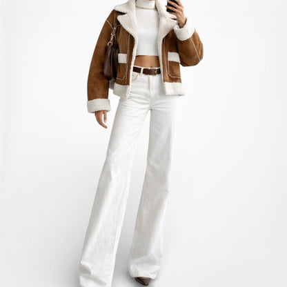 Brown White Fleece Faux Fur Suede Vintage Jacket Coat Size M