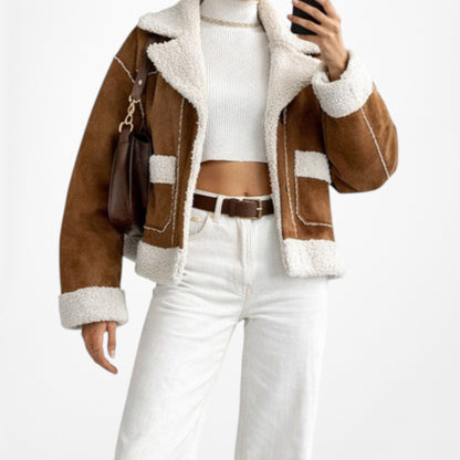 Brown White Fleece Faux Fur Suede Vintage Jacket Coat Size M