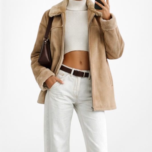 Vintage Brown Suede Faux Fur Lined Coat Jacket Size M