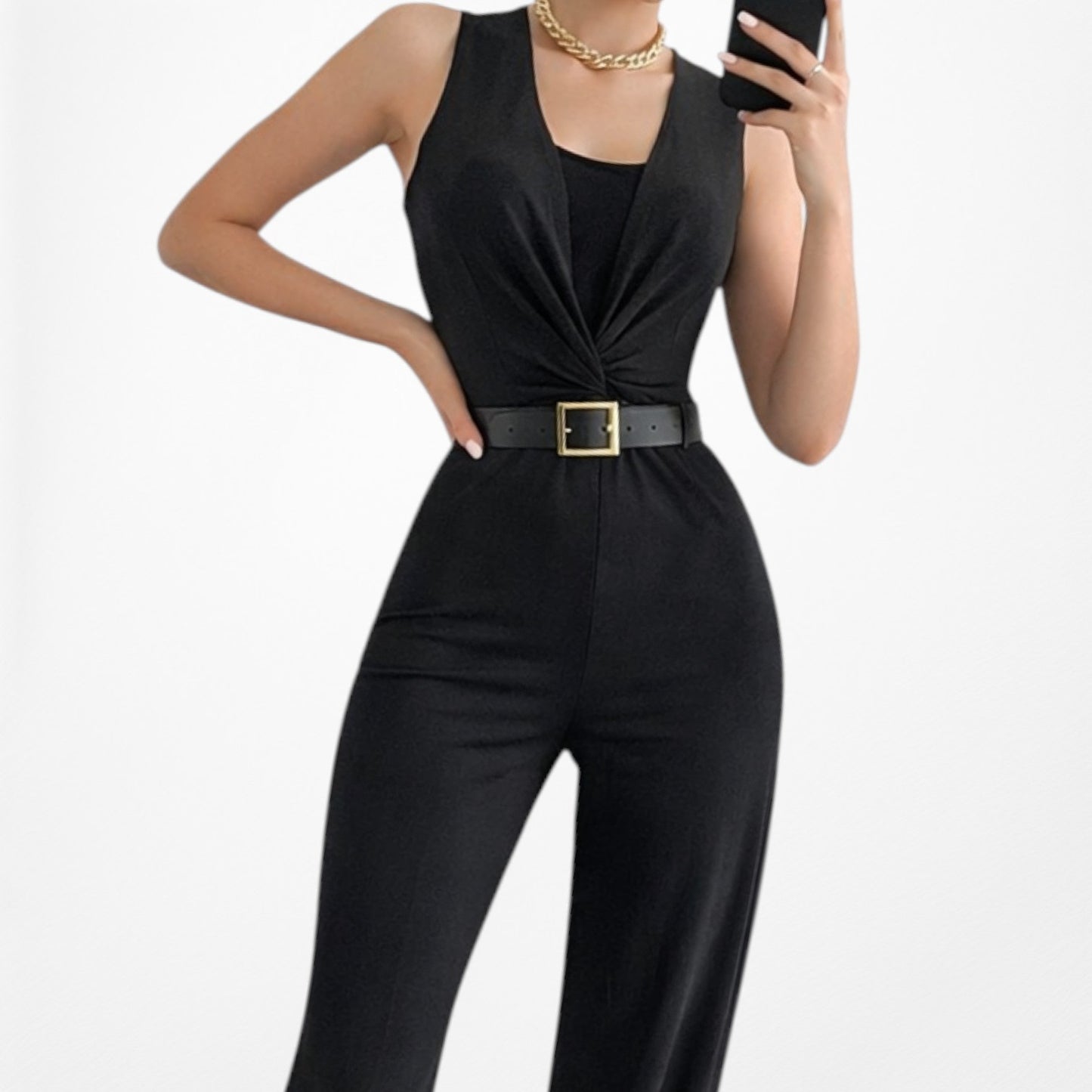 Vintage Y2K Black Sleeveless Knit Pleated Twist Front Pants Jumpsuit Size M