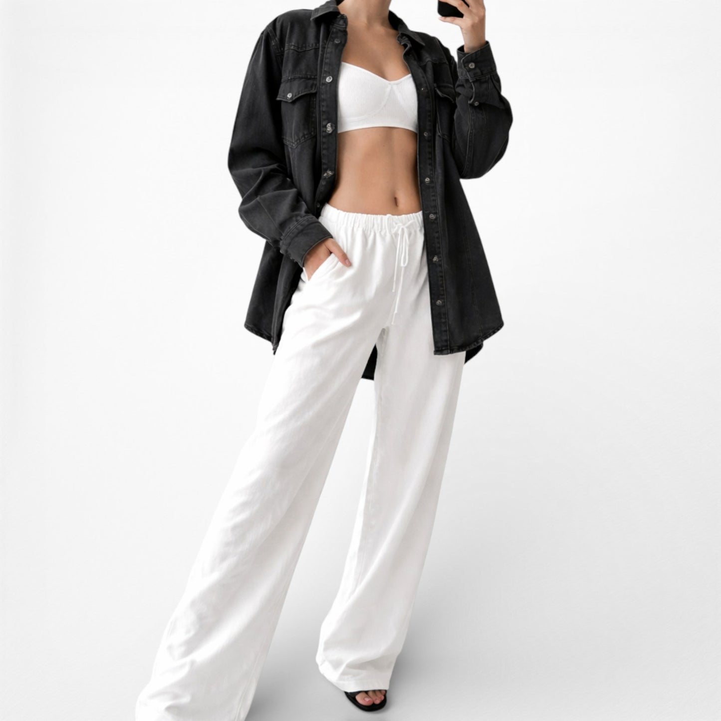 Zara Gray Denim Button Down Front Oversized Shirt Top Size XS