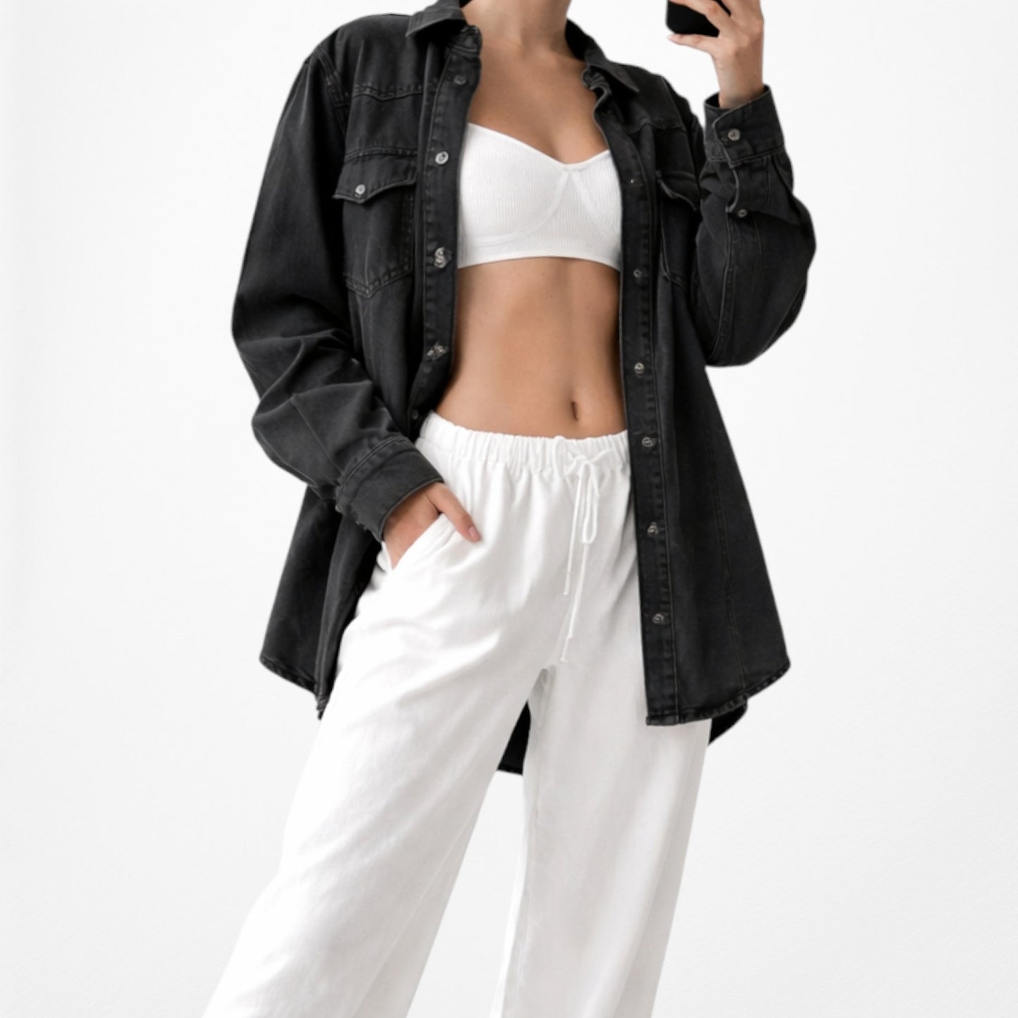 Zara Gray Denim Button Down Front Oversized Shirt Top Size XS