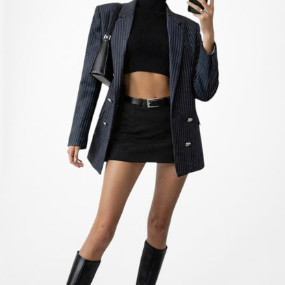 Vintage Y2K Navy Blue Striped Double Breasted Blazer Jacket Suit Size 8/S