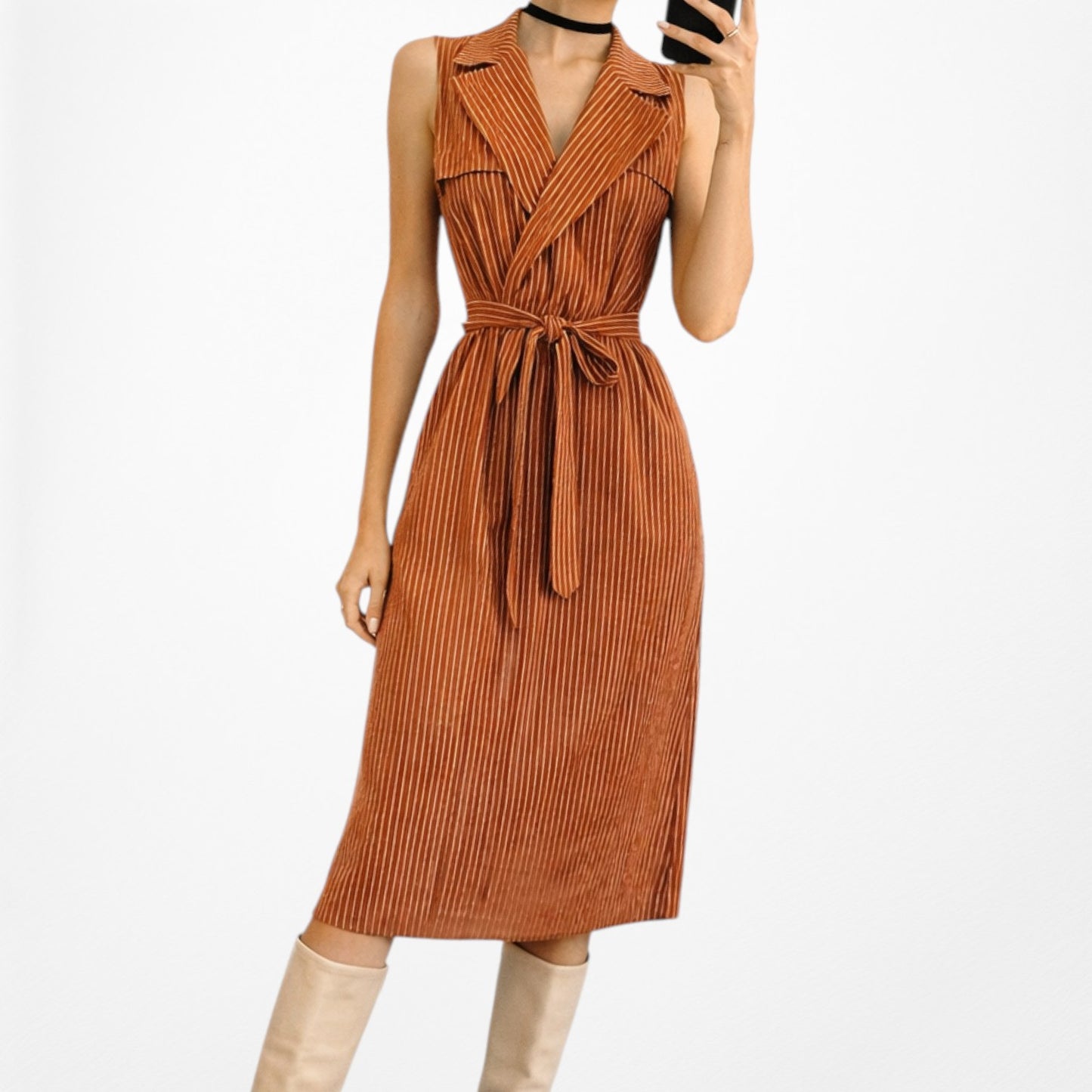 Mango Orange Sleeveless Striped Waist Tie Trenchcoat Vest Midi Dress Size XS/S/M