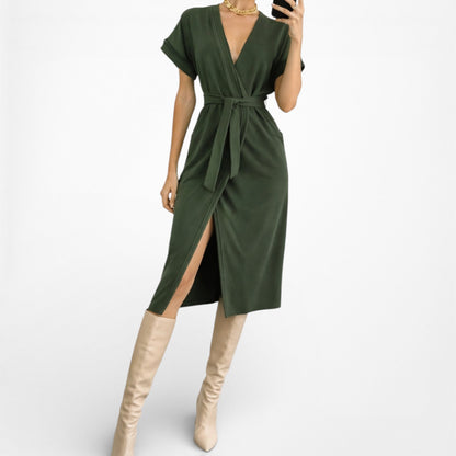 ASOS Green Short Sleeve VNeck Belted Waist Knee Length Side Slit Dress Size 0/XS