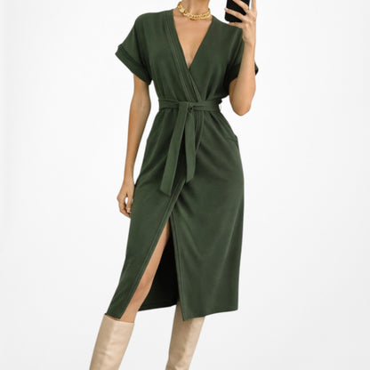 ASOS Green Short Sleeve VNeck Belted Waist Knee Length Side Slit Dress Size 0/XS