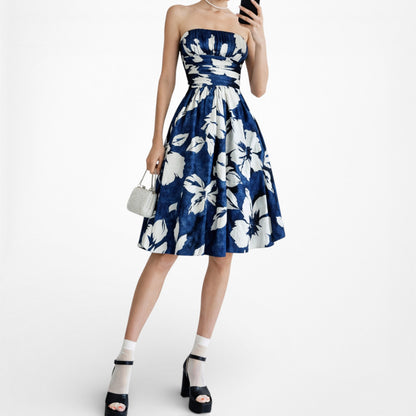 Vintage Y2K Blue White Floral Strapless Pleated Knee Length Silk Dress Size XS