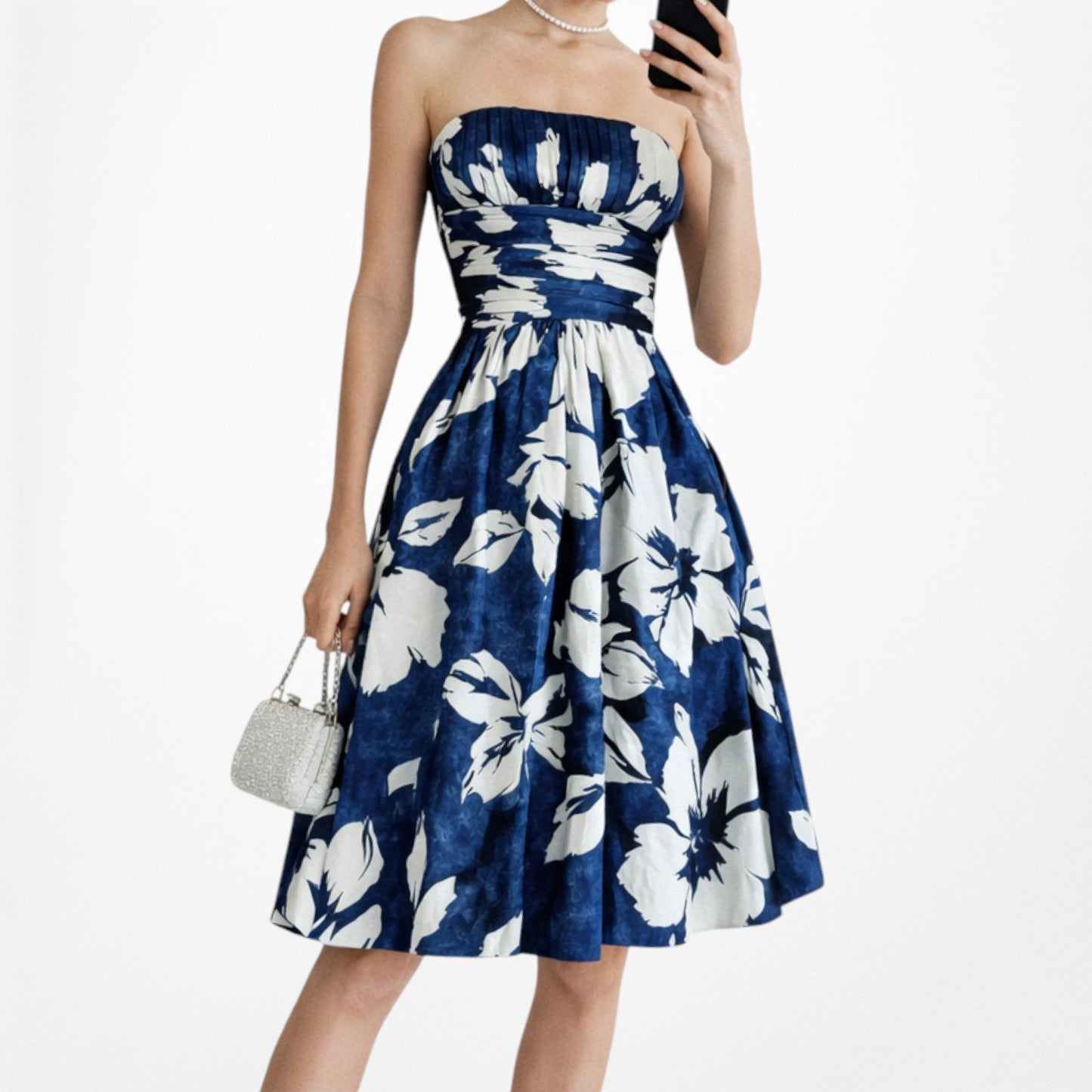 Vintage Y2K Blue White Floral Strapless Pleated Knee Length Silk Dress Size XS