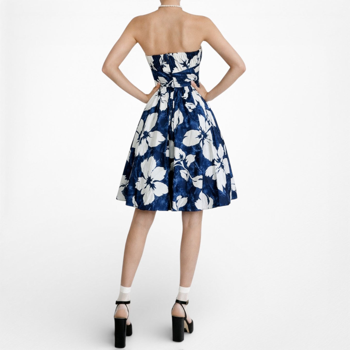 Vintage Y2K Blue White Floral Strapless Pleated Knee Length Silk Dress Size XS
