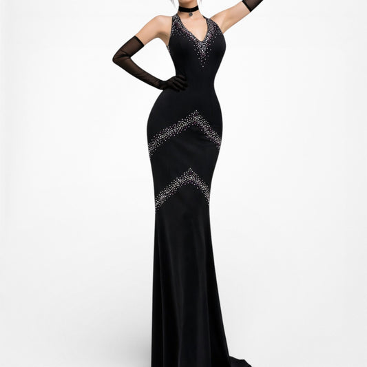 Vintage Black Purple Beaded Bodycon Maxi Formal Prom Dress Size M