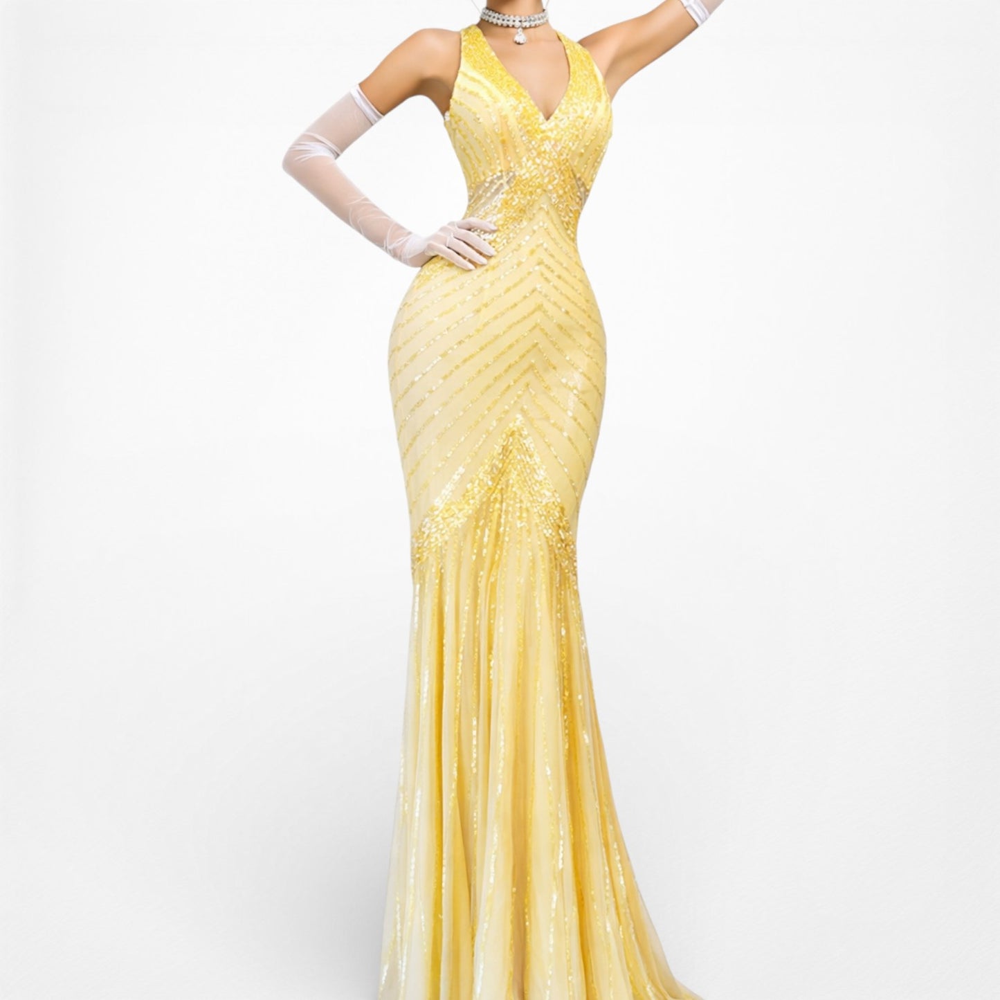 Vintage Y2K Yellow Halter Beaded Sequin Mesh Bodycon Maxi Prom Dress Size XS/S