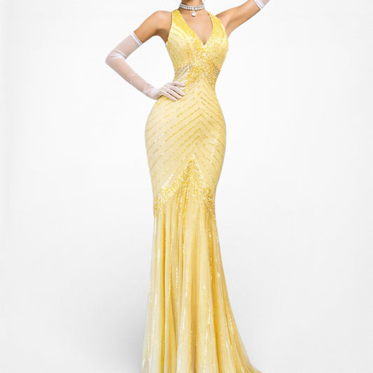 Vintage Y2K Yellow Halter Beaded Sequin Mesh Bodycon Maxi Prom Dress Size XS/S