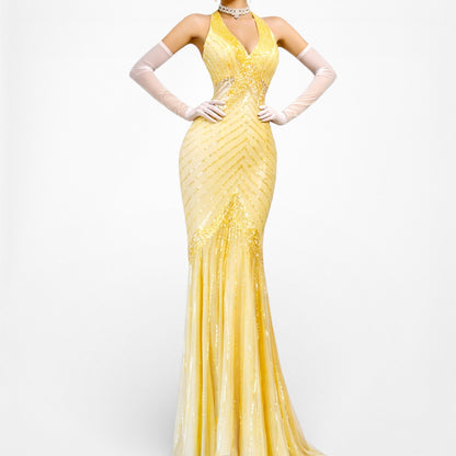 Vintage Y2K Yellow Halter Beaded Sequin Mesh Bodycon Maxi Prom Dress Size XS/S