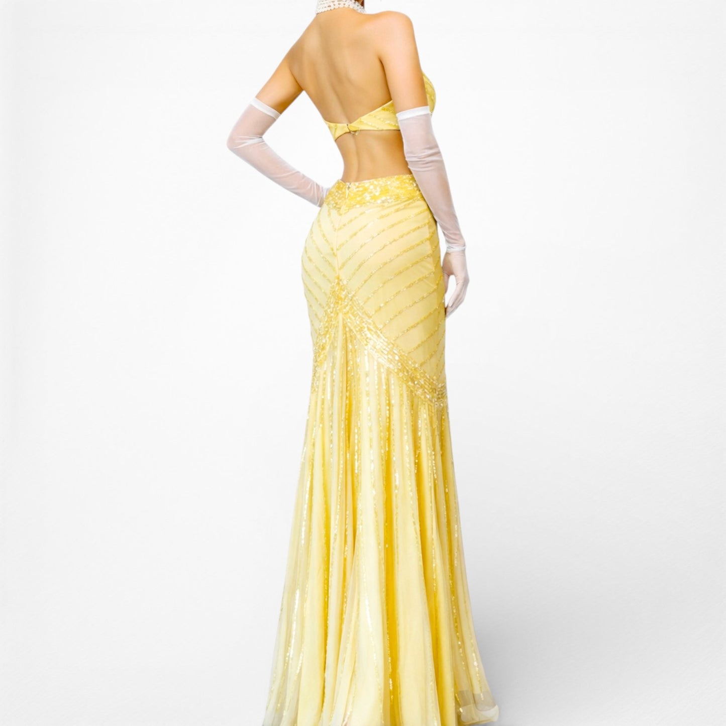 Vintage Y2K Yellow Halter Beaded Sequin Mesh Bodycon Maxi Prom Dress Size XS/S