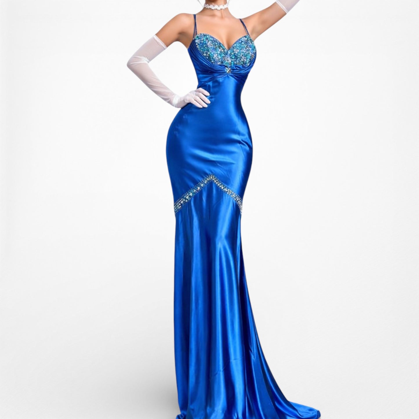 Vintage Blue Satin Fit Flared Beaded Maxi Prom Dress Size S/M