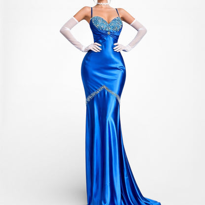 Vintage Blue Satin Fit Flared Beaded Maxi Prom Dress Size S/M