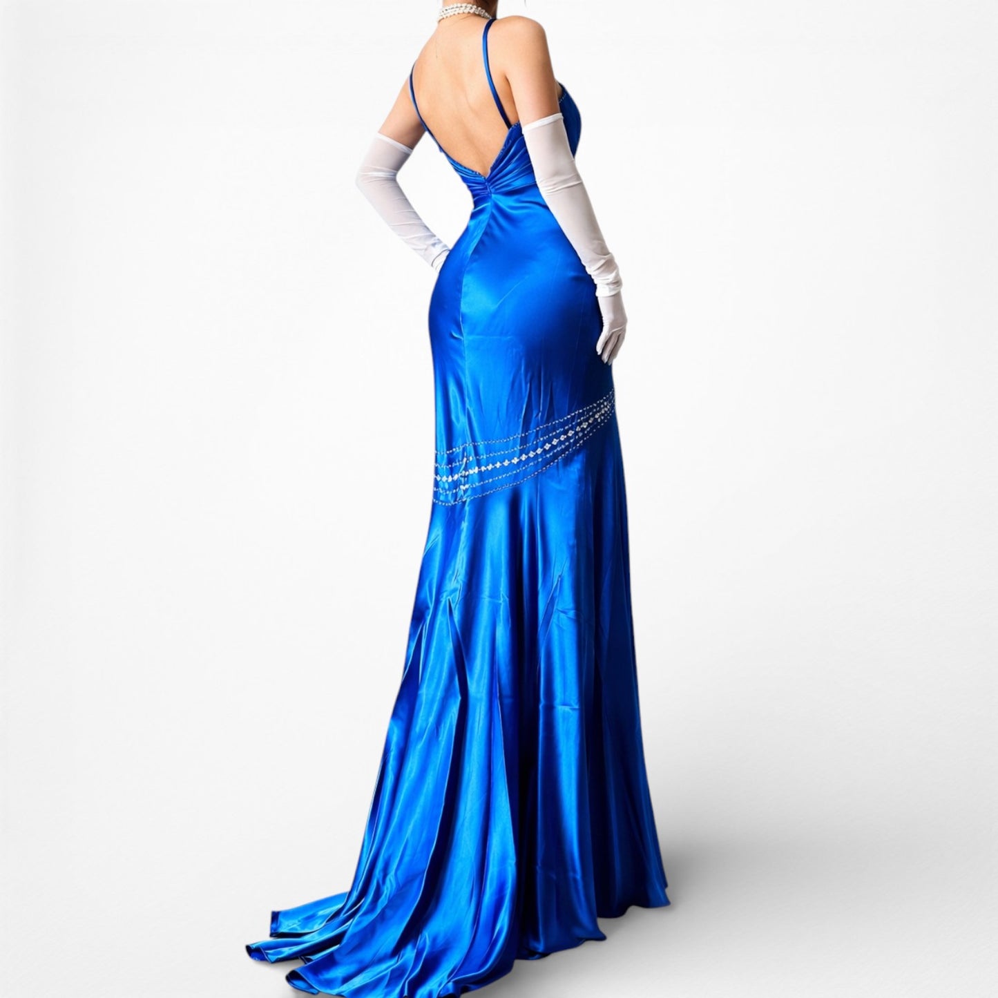 Vintage Blue Satin Fit Flared Beaded Maxi Prom Dress Size S/M