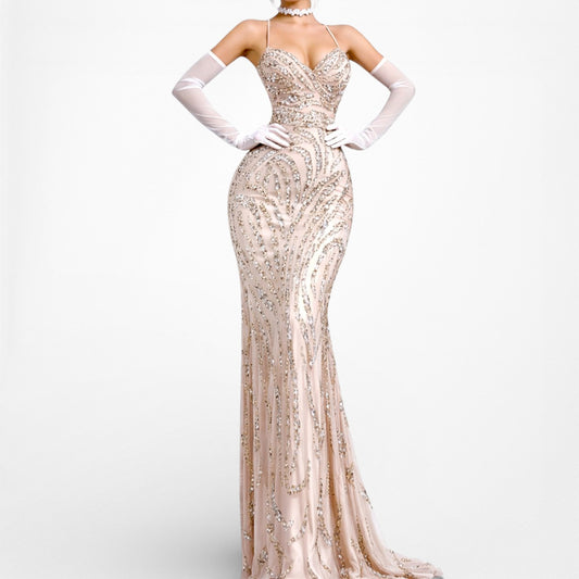 Vintage Beige Nude Beaded Fit Flared Maxi Formal Prom Dress Size S/M