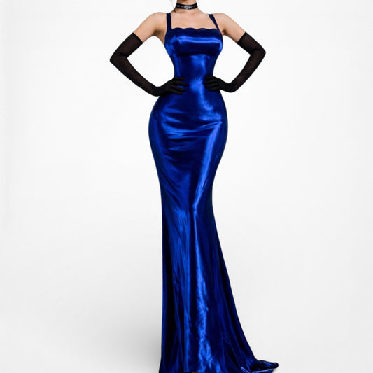 Vintage Y2K Blue Satin Fit Flared Maxi Formal Prom Dress Size S/M