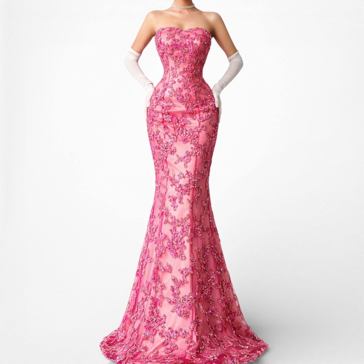 Pink Strapless Floral Beaded Mesh Fit Flared Maxi Formal Cocktail Prom Dress Size S