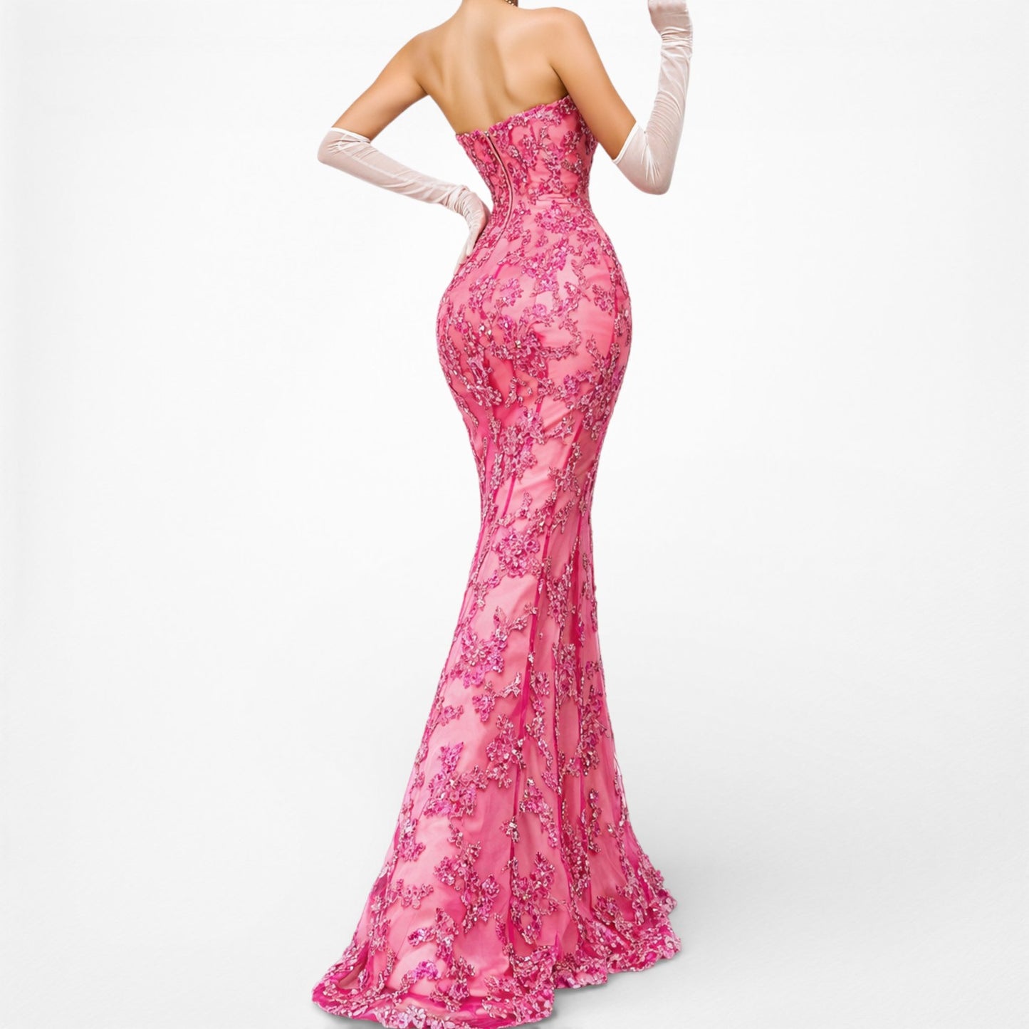 Pink Strapless Floral Beaded Mesh Fit Flared Maxi Formal Cocktail Prom Dress Size S