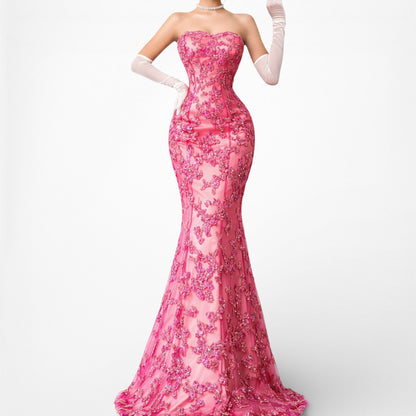 Pink Strapless Floral Beaded Mesh Fit Flared Maxi Formal Cocktail Prom Dress Size S
