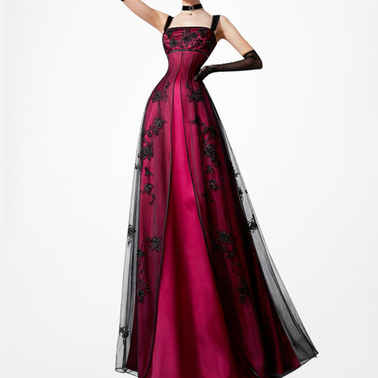 Vintage Burgundy Red Floral Beaded Mesh Babydoll Maxi Prom Dress Size XS/S