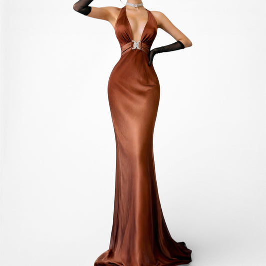 Vintage Brown Halter Plunging V-Neck Bodycon Maxi Prom Dress Size S
