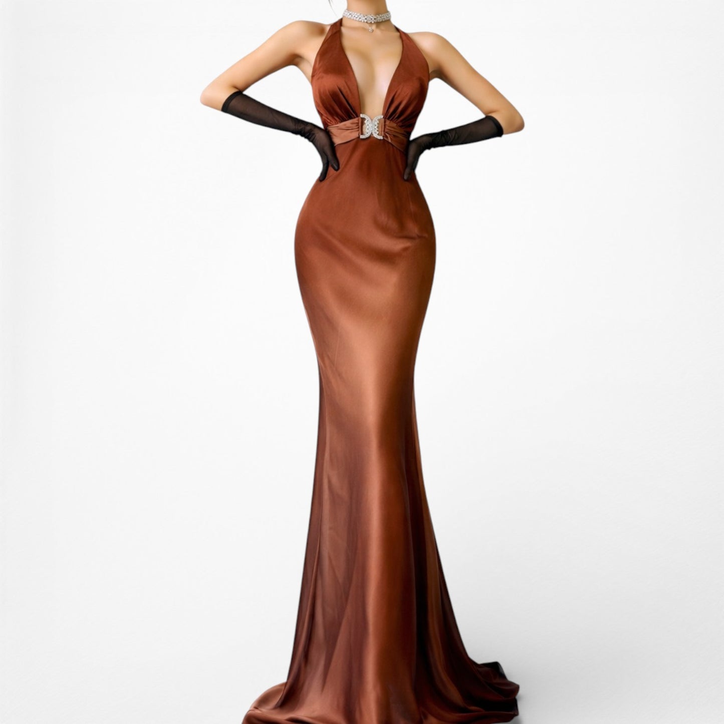 Vintage Brown Halter Plunging V-Neck Bodycon Maxi Prom Dress Size S