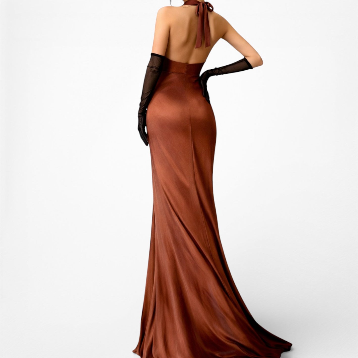 Vintage Brown Halter Plunging V-Neck Bodycon Maxi Prom Dress Size S
