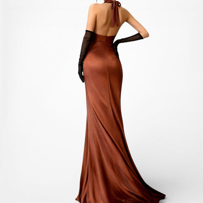 Vintage Brown Halter Plunging V-Neck Bodycon Maxi Prom Dress Size S
