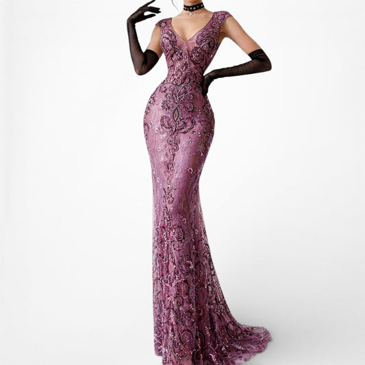 Vintage Y2K Purple Plum Bodycon Beaded Semi Sheer Maxi Prom Dress Size S