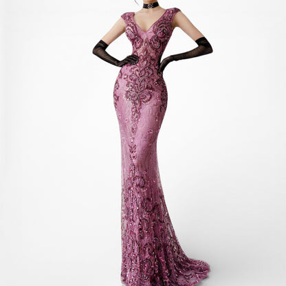 Vintage Y2K Purple Plum Bodycon Beaded Semi Sheer Maxi Prom Dress Size S