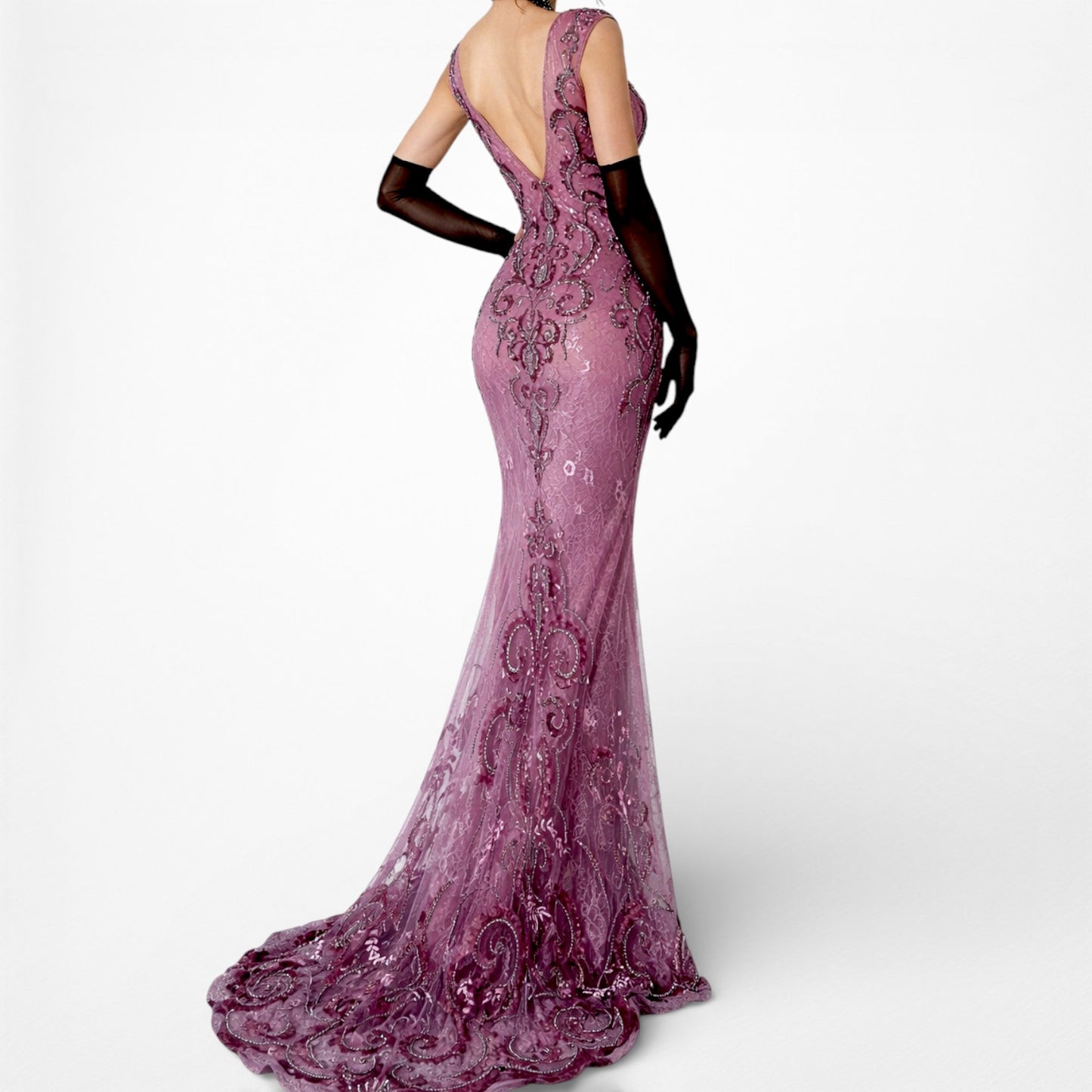 Vintage Y2K Purple Plum Bodycon Beaded Semi Sheer Maxi Prom Dress Size S