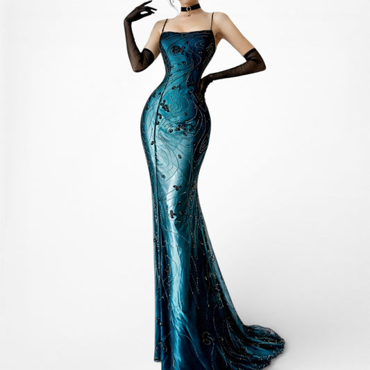 Vintage Blue Floral Beaded Mesh Ombre Satin Maxi Bodycon Formal Prom Dress Size M