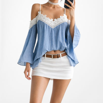 Blue Lace Trim Cold Shoulder Long Bell Sleeves Babydoll Pleated Top Size M/L