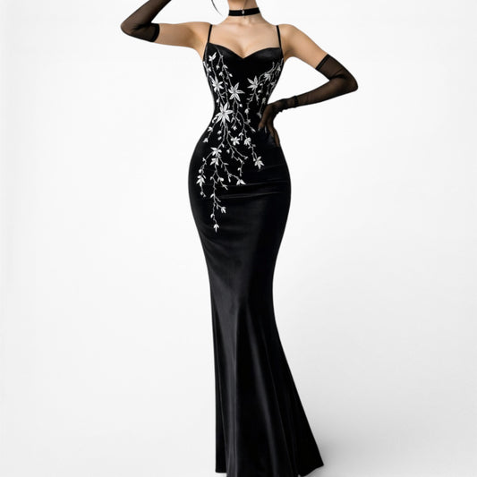 Vintage Black Velvet Floral Glitter Knit Maxi Bodycon Formal Prom Dress Size S/M