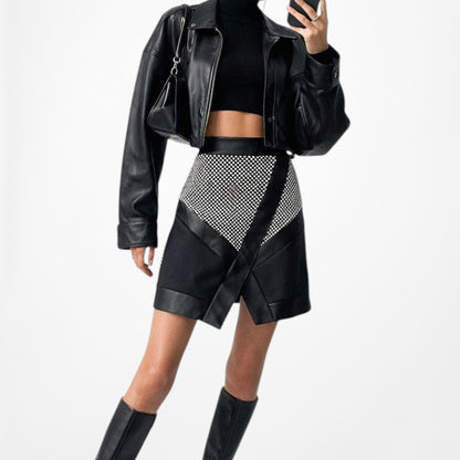 Vintage Y2K Black Faux Leather Geometric Print Front Slit Bodycon Mini Skirt