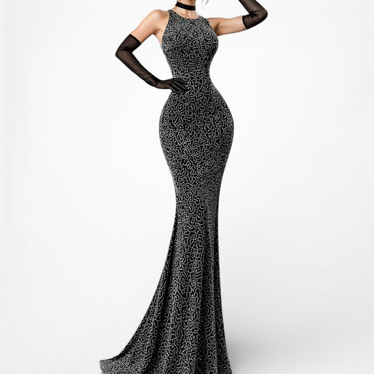 Vintage Black Gray Sleeveless Beaded Bodycon Maxi Side Slit Formal Prom Dress Size XS