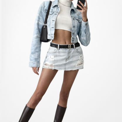 Vintage Y2K Blue Denim Button Front Cropped Jacket Cardigan Blazer Size XS